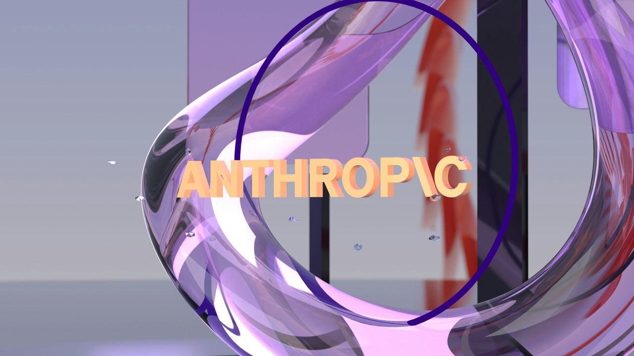 Escultura 3D translúcida em tons de roxo com a palavra Anthropic em letras alaranjadas ao centro